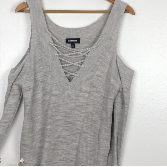 Express Marled Two Way Lace Up Cold Shoulder Tunic Sweater Size Large - Picture 4 of 5